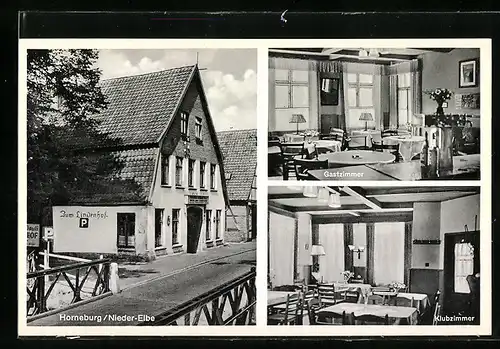 AK Horneburg /Elbe, Hotel zum Lindenhof P. Weichert, Strassenansicht, Gast- und Klubzimmer