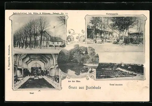 Passepartout-AK Buxtehude, Bahnhofshotel Küke & Jansen mit Saal und Garten, Totalansicht