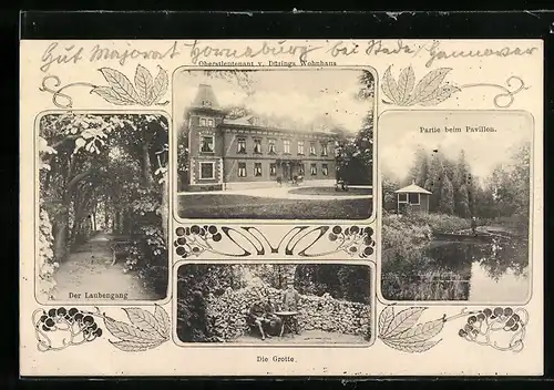 AK Horneburg, Gut Döring, Oberstleutnants v. Dürings Wohnhaus, Laubengang, Grotte