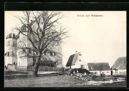 AK Anhausen, Ortspartie mit Turmhaus und spielenden Kindern