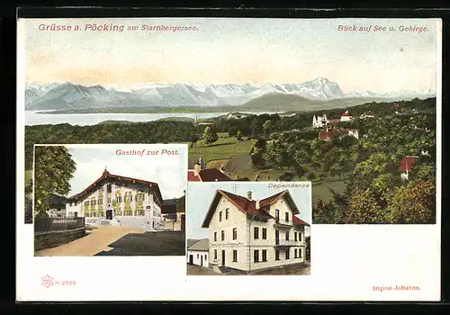 AK Pöcking /Starnbergersee, Gasthof zur Post und Dependance, Ortsansicht mit See und Gebirge