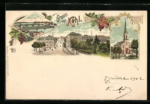 Lithographie Kehl, Rheinbrücke, Strassenpartie mit Strassenbahn, Kirche