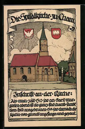 Steindruck-AK Cham, Die Spitalkirche, Wappen