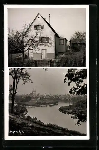 AK Regensburg, Wohnhaus, Uferpartie mit Kirche