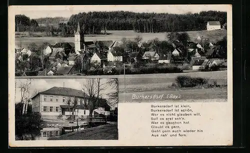 AK Burkersdorf /Bay, Gasthaus zur Bayernschanze, Teilansicht mit Kirche