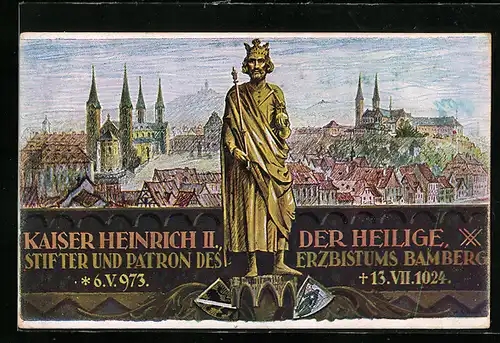 Künstler-AK Bamberg, Ortsansicht, Kaiser Heinrich II.