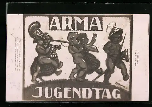 Künstler-AK Regensburg, Alt-Regensburger Militärgeschichtliche Ausstellung 1912, Arma Jugendtag, Kinder mit Steckenpferd