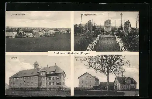 AK Kühnhaide i. Erzgeb., Restaurant Bier-Halle, Schule, Kriegerdenkmal