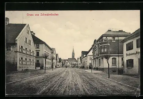 AK Schwabmünchen, Strassenpartie mit Buchbinderei und Kirche