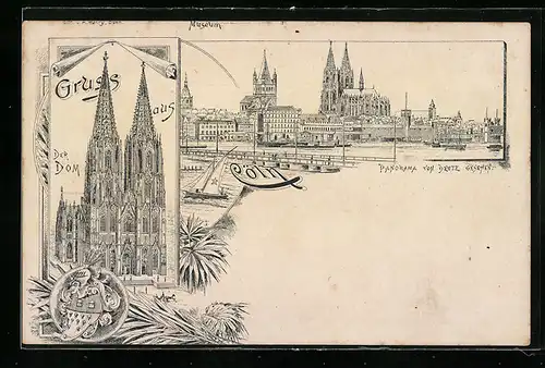 Lithographie Cöln, Dom, Wappen, Panorama von Deutz gesehen