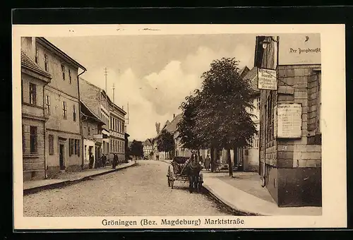 AK Gröningen /Bez. Magdeburg, Marktstrasse mit Autowerkstatt und Kutsche