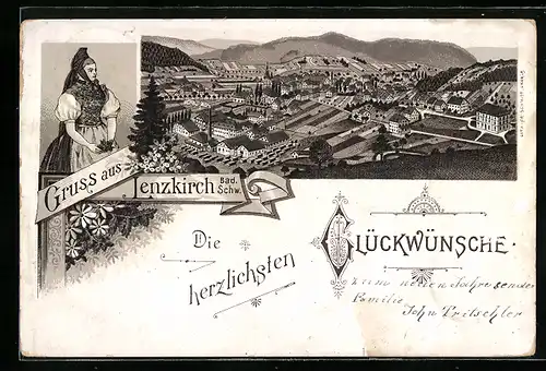 Lithographie Lenzkirch /Bad. Schw., Gesamtansicht aus der Vogelschau, Lenzkircherin in Tracht