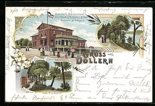 Lithographie Dollern, Bahnhofs-Restaurant Kurhaus Dollern H. Gätjens mit Strasse und Passanten, Fischteich, Uferpartie