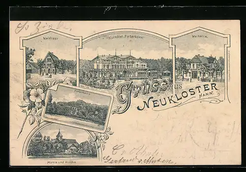 Lithographie Neukloster /Hann., Kurhotel Paterborn, Gasthaus Waldlust, Walhalla, Forsthaus