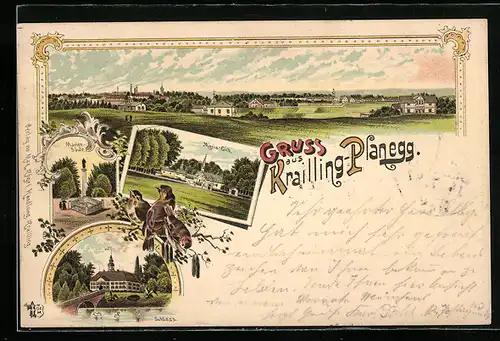 Lithographie Krailling-Planegg, Maria Eich, Mariensäule, Schloss, Singvögel, Ortspanorama