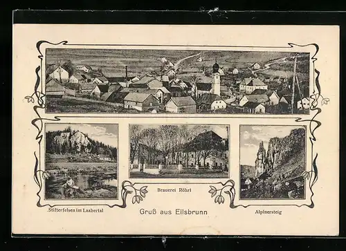 Passepartout-AK Eilsbrunn, Brauerei Röhrl, Stifterfelsen im Laabertal, Ortsansicht