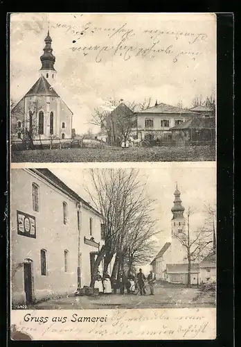 AK Sammarei, Strassenpartie mit Geschäft, Kirche