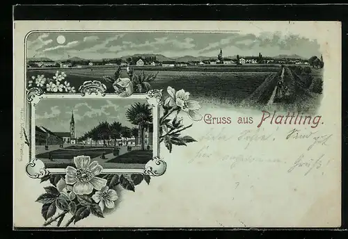 Lithographie Plattling, Totalansicht, Blick auf die Kirche