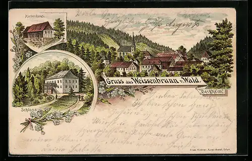 Lithographie Weissenbrunn v. Wald, Gasthaus Bergheim, Teilansicht mit Kirche, Hirtenhaus, Schloss