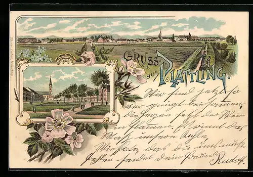 Lithographie Plattling, Teilansicht, Ortspartie mit Kirche