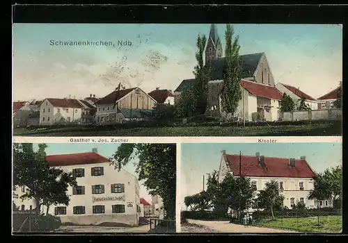 AK Schwanenkirchen /Ndb., Gasthof von Jos. Zacher, Kloster, Ortspartie mit Kirche