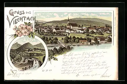 Lithographie Viechtach, Ruine Haus, Ortsansicht