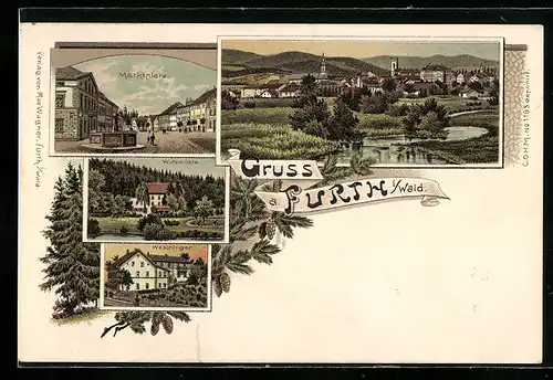 Lithographie Furth i. Wald, Waschinger, Wutzmühle, Marktplatz mit Brunnen