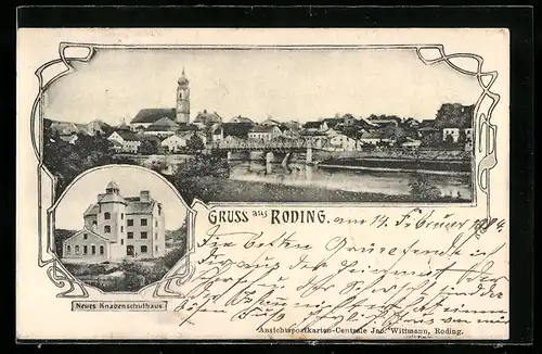 AK Roding, Teilansicht mit Kirche, Neues Knabenschulhaus