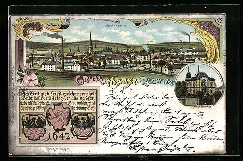 Lithographie Markt-Redwitz, Gesamtansicht, Villa Benker