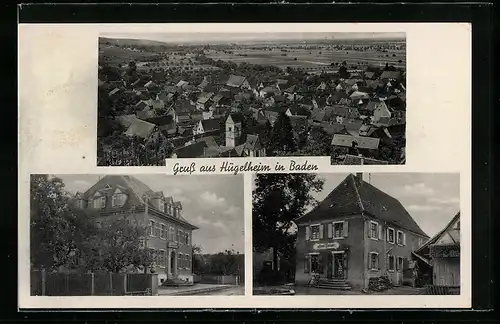 AK Hügelheim i. Baden, Gesamtansicht, Gemischtwaren-Geschäft Emil Bolanz
