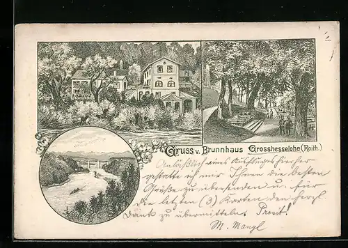 Lithographie Grosshesselohe, Brunnhaus, Flusspartie & Gartenansicht