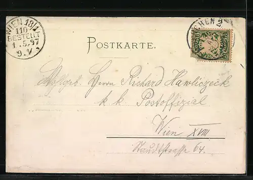 Lithographie Grosshesselohe, Brunnhaus, Flusspartie & Gartenansicht