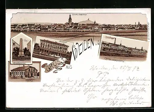 Lithographie Weiden i. O., Kriegerdenkmal, Bahnhof, Central-Werkstätte, Turnhalle und Panorama