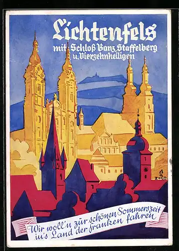 Künstler-AK Lichtenfels, Ortsansicht mit Schloss Banz, Staffelberg u. Vierzehnheiligen