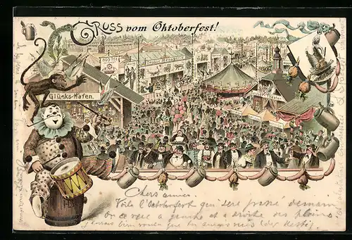 Lithographie Volksfest mit Glücks-Hafen, Grosse Menagerie, Zauber-Theater, Clown mit Trommel