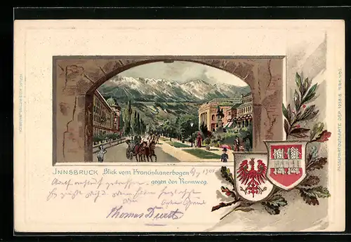 Lithographie Innsbruck, Blick vom Franciskanerbogen gegen den Rennweg, Wappen