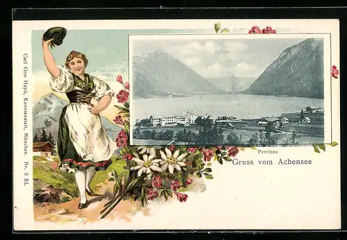 AK Pertisau, Teilansicht mit Achensee, Tirolerin in Tracht winkt mit dem Hut