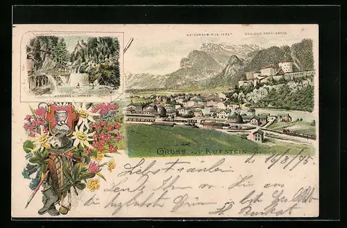 Lithographie Kufstein, Ortsansicht mit Schloss Geroldseck und Kaisergebirge, Sparchen-Mühle