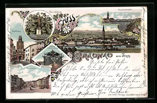 Lithographie Braunau am Inn, Stadthaus, Stadtplatz, Österr. Brückenportal, Palm Denkmal