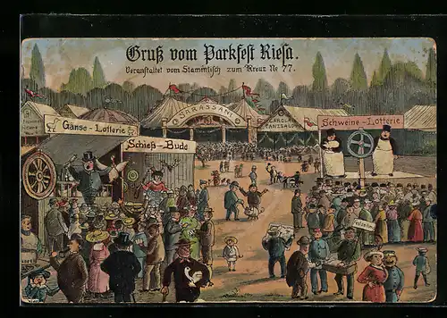 Künstler-AK Riesa, Parkfest, veranstaltet vom Stammtisch zum Kreuz No. 77