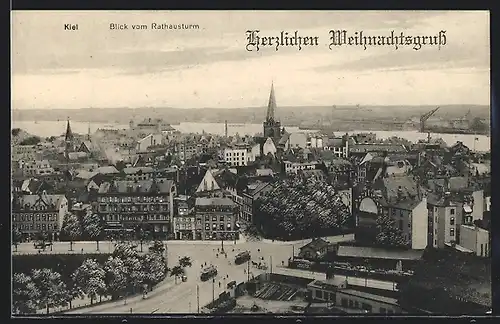 AK Kiel, Blick vom Rathausturm auf die Stadt, Strassenbahn
