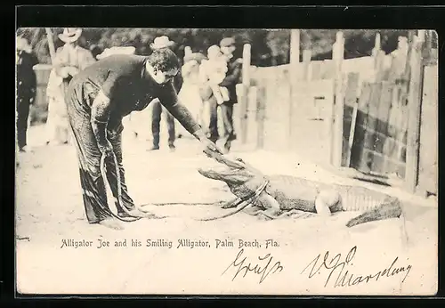 AK Palm Beach, Fla., Alligator Joe and his Smiling Alligator