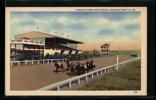 AK Charles Town, W. VA., Race Track, Pferderennen vor Tribüne