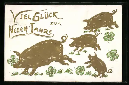 Präge-AK Goldene Schweine mit Glücksklee, Neujahrsgruss