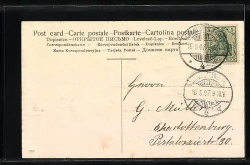 Präge-AK Drei Maikäfer laben sich an Blättern, Pfingstgruss