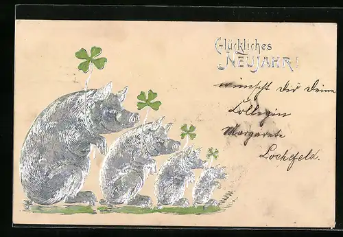 Präge-AK Silberne Schweine mit Glücksklee, Neujahrsgruss