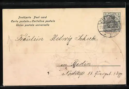 Präge-AK Silberne Schweine mit Glücksklee, Neujahrsgruss