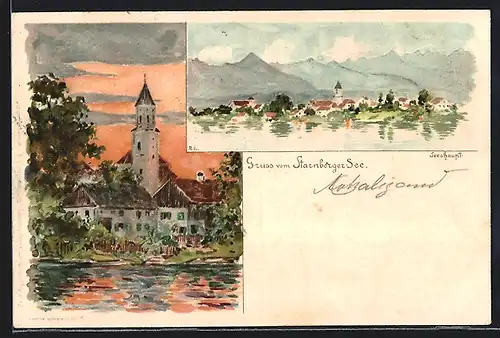 Lithographie Seeshaupt /Starnberger See, Kirche und Blick auf den Ort