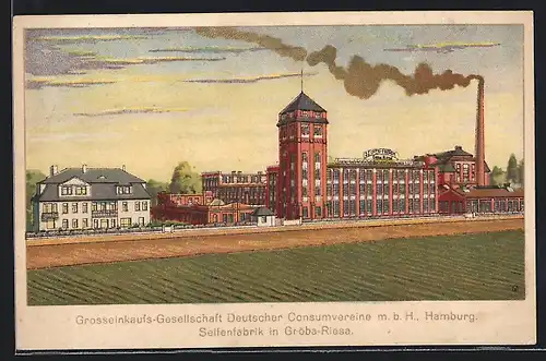 Künstler-AK Gröba-Riesa, Blick auf die Seifenfabrik mit Schornstein