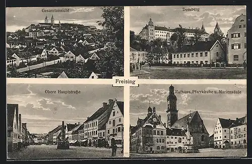 AK Freising, Gesamtansicht, Blick auf den Domberg, Rathaus, Pfarrkirche und Mariensäule, Obere Hauptstrasse